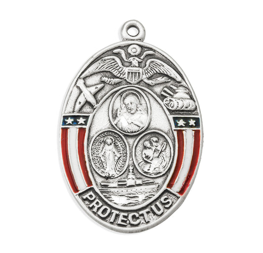 Extel Large Sterling Silver Oval Military Medal Pendant Necklace