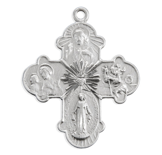 Extel Silver Catholic 4-Way Medal Cross Necklace Gift