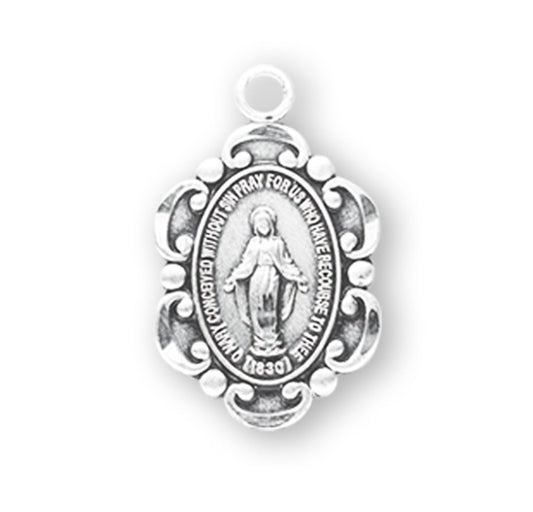 Sterling Silver Oval Fancy Edge Miraculous Medal Necklace