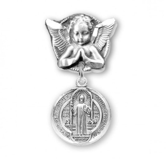 Extel Saint Benedict Round Medal on an Angel Pin, Catholic Baptism Gift, Made in USA