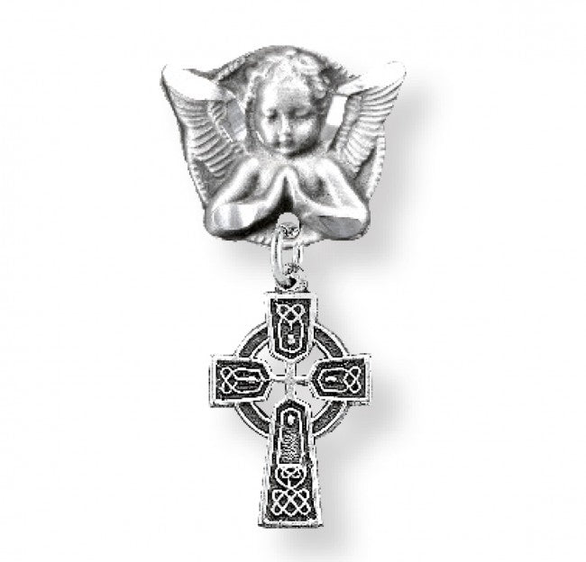 Extel Sterling Silver Baby Irish Celtic cross Pendant on a  Angel Pin, Catholic Baptism Gift, Made in USA