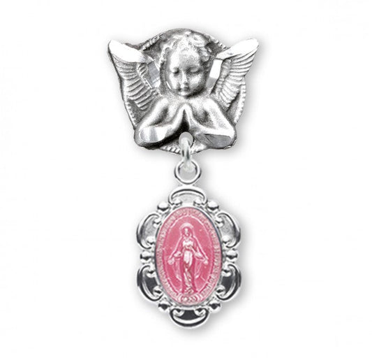 Extel Pink Enameled Miraculous Baby Medal on an Angel Pin, Catholic Baptism Gift for Girl, Made in USA