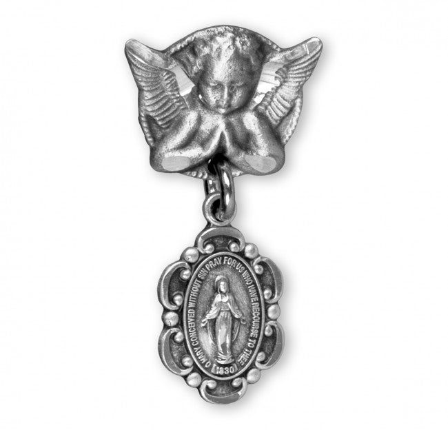 Extel Sterling Silver Oval Fancy Edge Miraculous Baby Medal on an Angel Pin, Catholic Baptism Gift, Made in USA