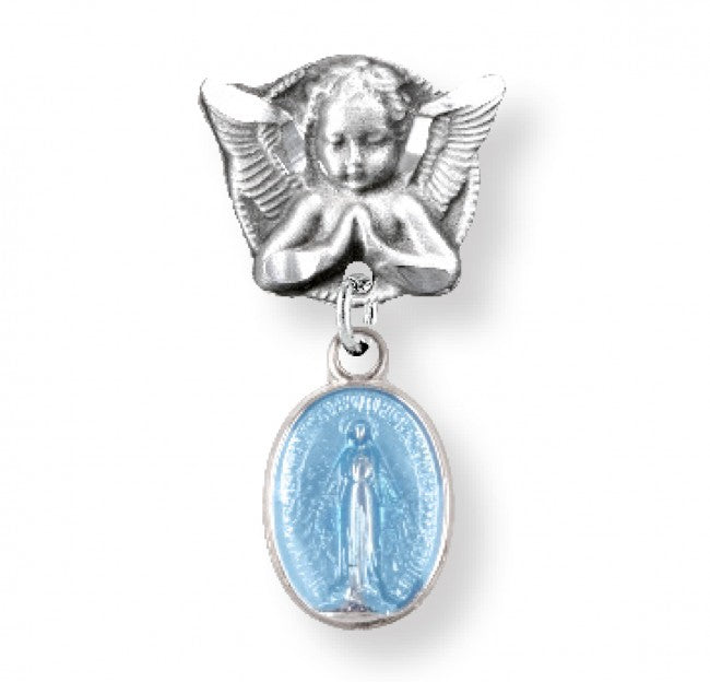 Extel Blue Enameled Oval Sterling Silver Baby Miraculous Baby Medal on an Angel Pin, Catholic Baptism Gift for Boy, Made in USA