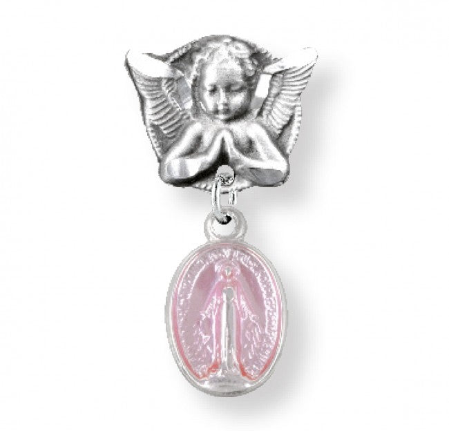 Extel Pink Enameled Oval Sterling Silver Baby Miraculous Baby Medal on an Angel Pin, Catholic Baptism Gift for Girl, Made in USA