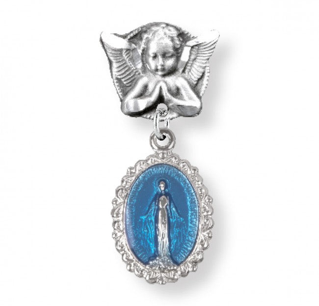 Extel Blue Enameled Oval Fancy Edge Sterling Silver Baby Miraculous Baby Medal on an Angel Pin, Catholic Baptism Gift for Boy, Made in USA