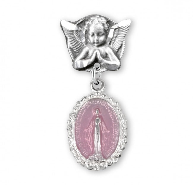 Extel Blue Enameled Oval Fancy Edge Sterling Silver Baby Miraculous Baby Medal on an Angel Pin, Catholic Baptism Gift for Boy, Made in USA