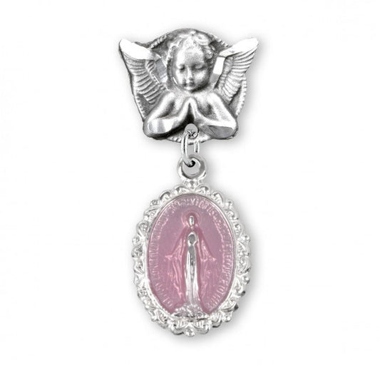 Extel Blue Enameled Oval Fancy Edge Sterling Silver Baby Miraculous Baby Medal on an Angel Pin, Catholic Baptism Gift for Boy, Made in USA