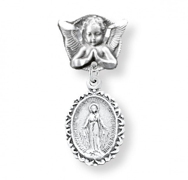 Extel Sterling Silver Oval Fancy Edge Miraculous Baby Medal on an Angel Pin, Catholic Baptism Gift, Made in USA