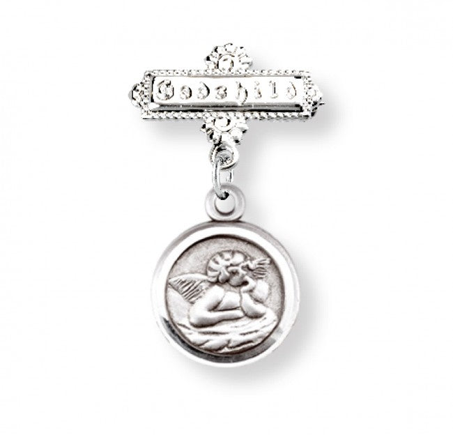 Extel Guardian Angel Round Sterling Silver Medal on a Godchild Bar Pin, Catholic Baptism Gift for Godchild, Made in USA