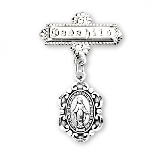 Extel Sterling Silver Fancy Edge Miraculous Medal on a Godchild Bar Pin, Catholic Baptism Gift for Godchild, Made in USA