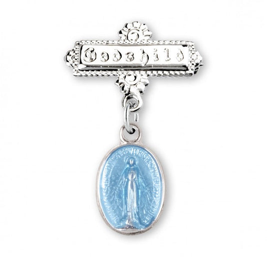 Extel Blue Enameled Oval Sterling Silver Baby Miraculous Baby Medal on a Godchild Bar Pin, Catholic Baptism Gift for Godchild Boy, Made in USA