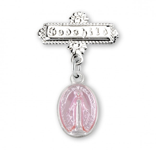 Extel Pink Enameled Oval Sterling Silver Baby Miraculous Baby Medal on a Godchild Bar Pin, Catholic Baptism Gift for Girl, Made in USA