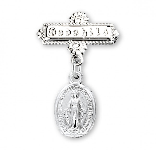 Extel Sterling Silver Oval Baby Miraculous Medal on a Godchild Bar Pin, Catholic Baptism Gift for Godchild, Made in USA
