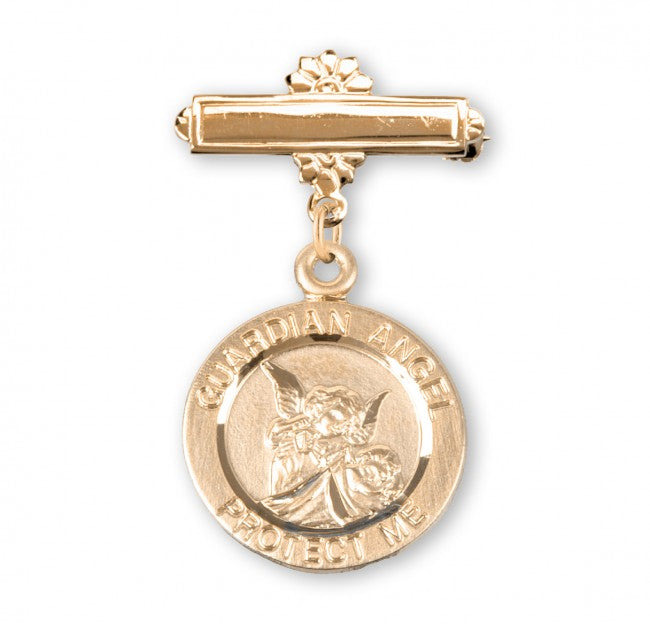 Extel Gold Over Sterling Silver Baby Guardian Angel Medal on a Bar Pin, Catholic Baptism Gift, Made in USA