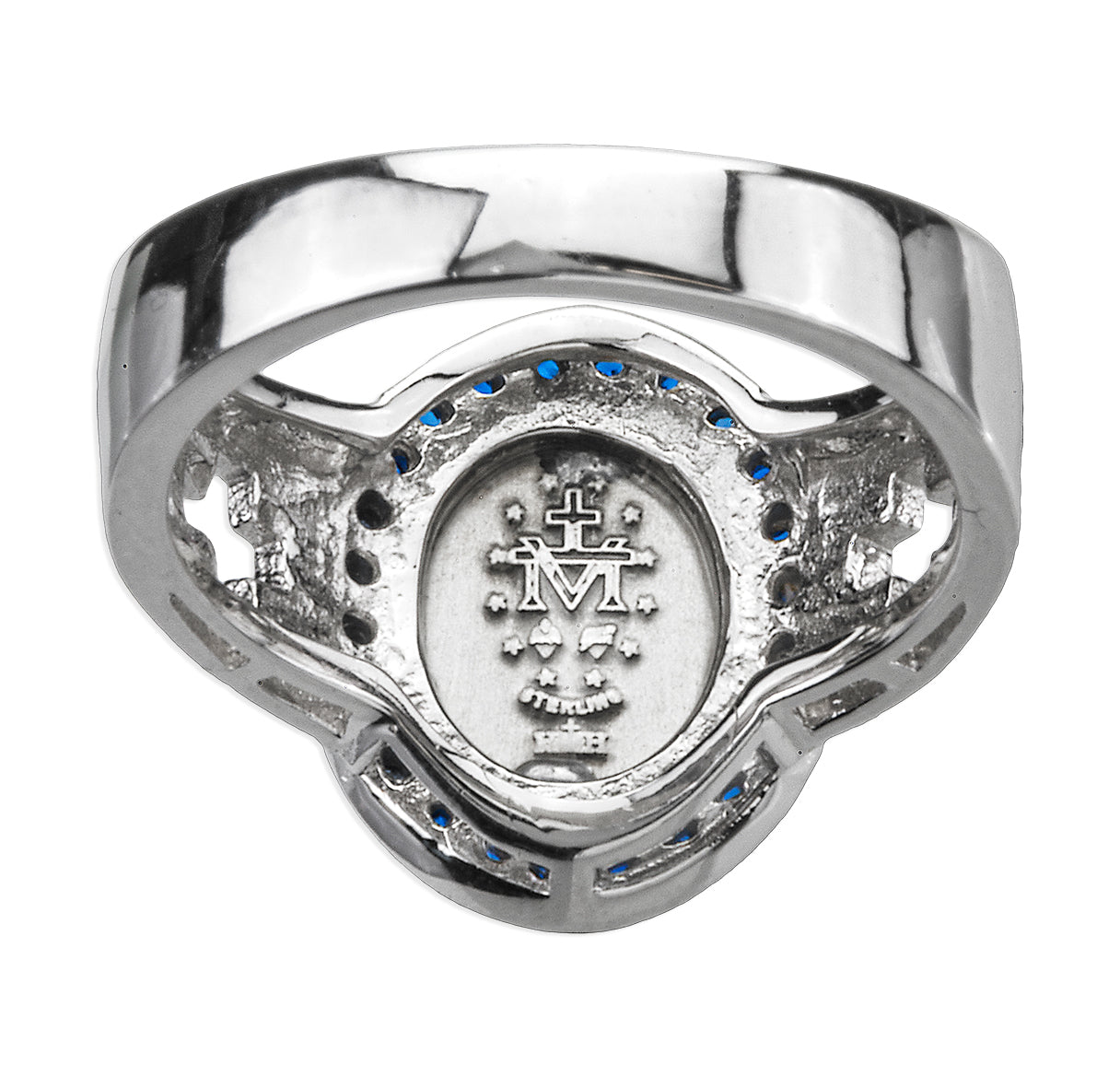 Sterling Silver Miraculous Medal Ring with Sapphire Zircon