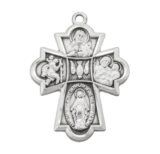 Extel Silver Catholic 4-Way Medal Cross Necklace Gift