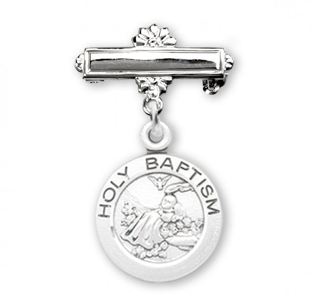 Extel Sterling Silver Baby Holy Baptism Round Medal on a Bar Pin, Catholic Baptism Gift, Made in USA