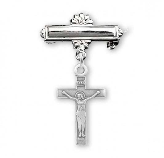 Extel Sterling Silver Baby Crucifix on a Bar Pin, Catholic Baptism Gift, Made in USA
