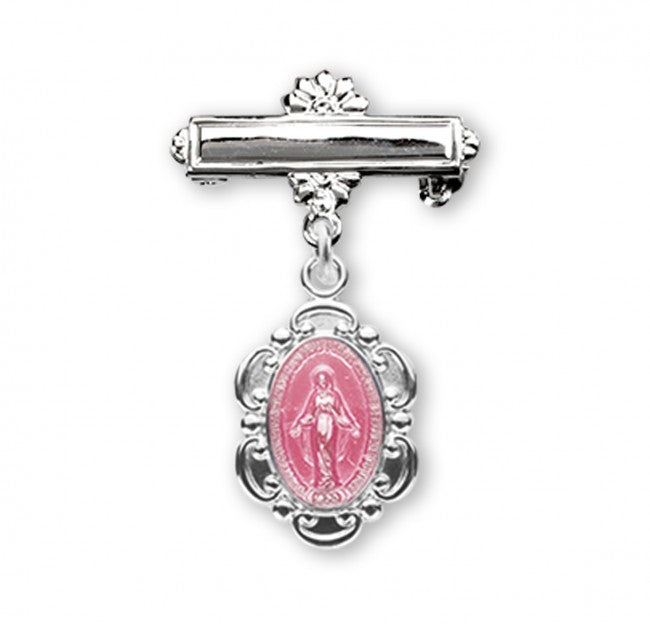 Extel Pink Enameled Sterling Silver Oval Fancy Edge Miraculous Baby Medal on a Bar Pin, Catholic Baptism Gift for Girl, Made in USA
