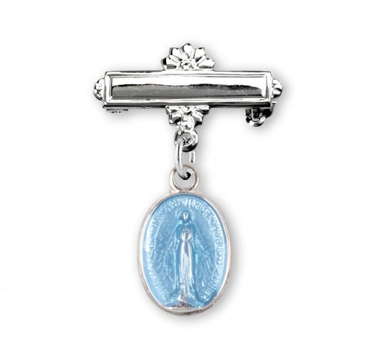 Extel Blue Enameled Oval Sterling Silver Miraculous Baby Medal on a Bar Pin, Catholic Baptism Gift for Boy, Made in USA
