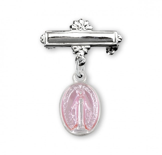 Extel Pink Enameled Oval Sterling Silver Baby Miraculous Baby Medal on a Bar Pin, Catholic Baptism Gift for Girl, Made in USA