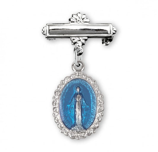 Extel Blue Enameled Oval Fancy Edge Sterling Silver Baby Miraculous Baby Medal on a Bar Pin, Catholic Baptism Gift for Boy, Made in USA