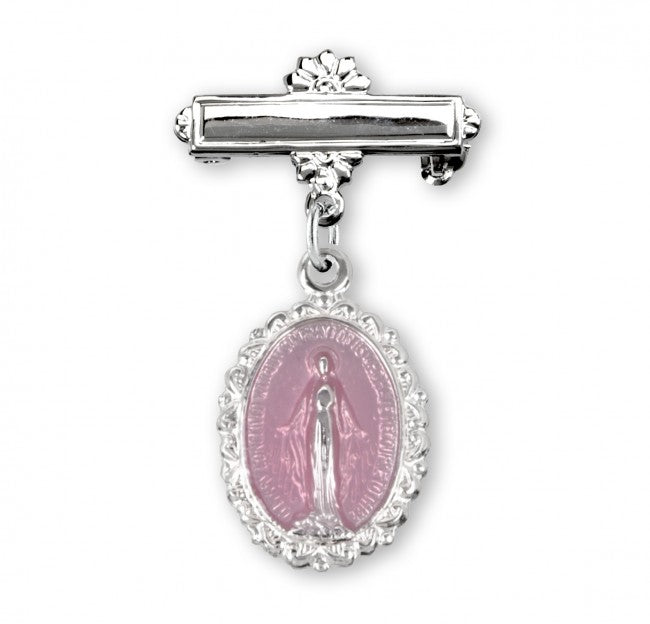 Extel Pink Enameled Oval Fancy Edge Sterling Silver Baby Miraculous Baby Medal on a Bar Pin, Catholic Baptism Gift for Girl, Made in USA