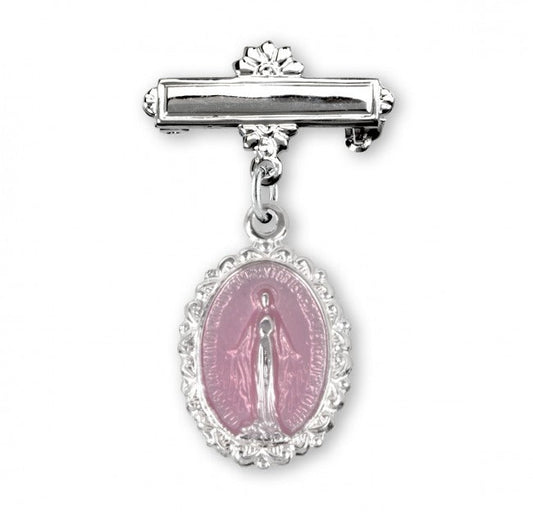 Extel Pink Enameled Oval Fancy Edge Sterling Silver Baby Miraculous Baby Medal on a Bar Pin, Catholic Baptism Gift for Girl, Made in USA