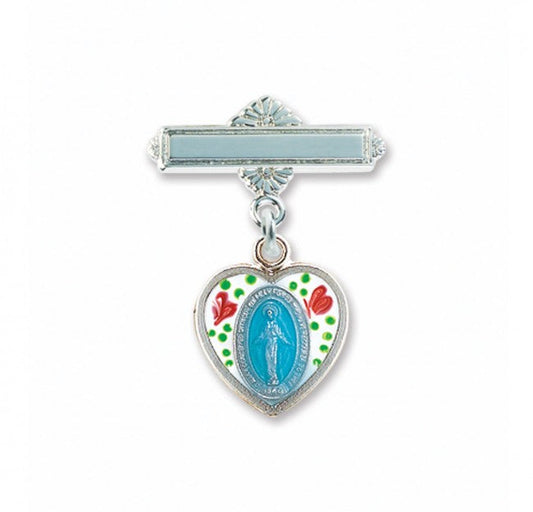 Extel Enameled Oval Fancy Edge Sterling Silver Baby Miraculous Baby Medal on a Bar Pin, Catholic Baptism Gift, Made in USA