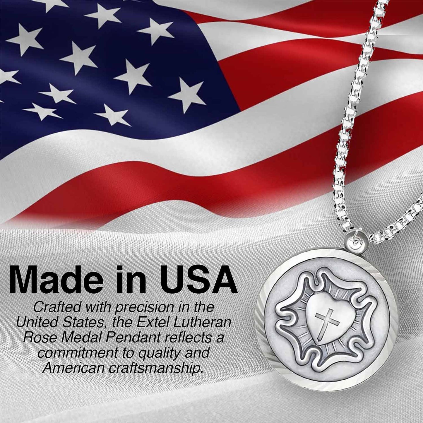 Extel Medium Nickel Silver Round Lutheran Rose Medal Pendant for Women with 18 Inch Chain